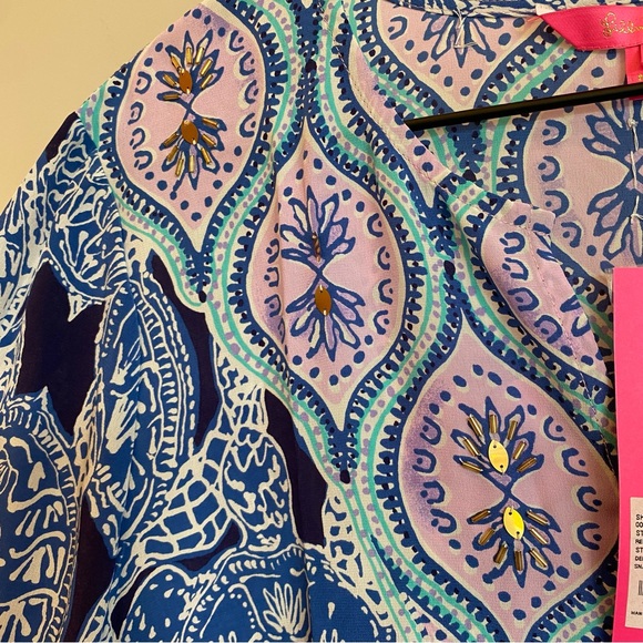 LILLY PULITZER 100% Silk Renato Tunic Deep Indigo Sea Turtle Gold Embellishment - Picture 8 of 11
